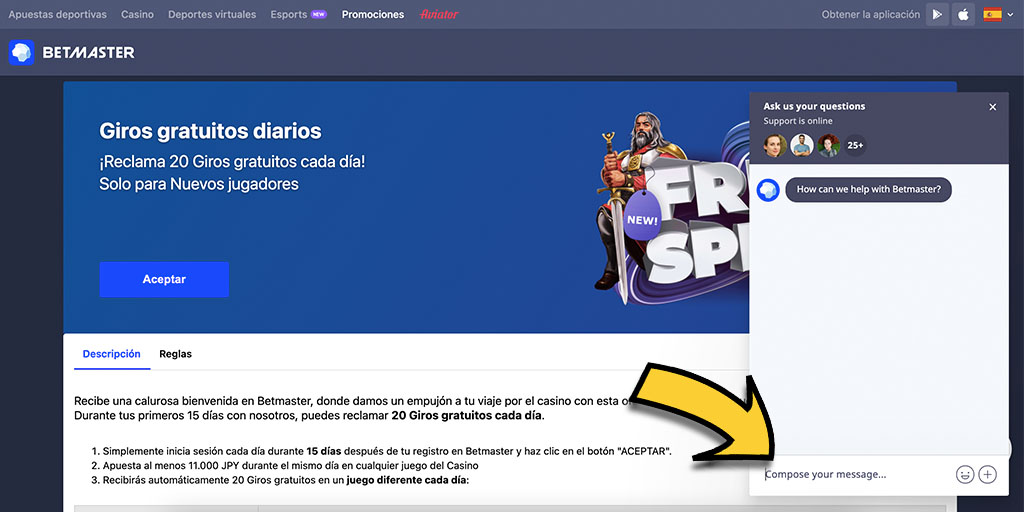 Servicio al cliente en Betmaster Casino